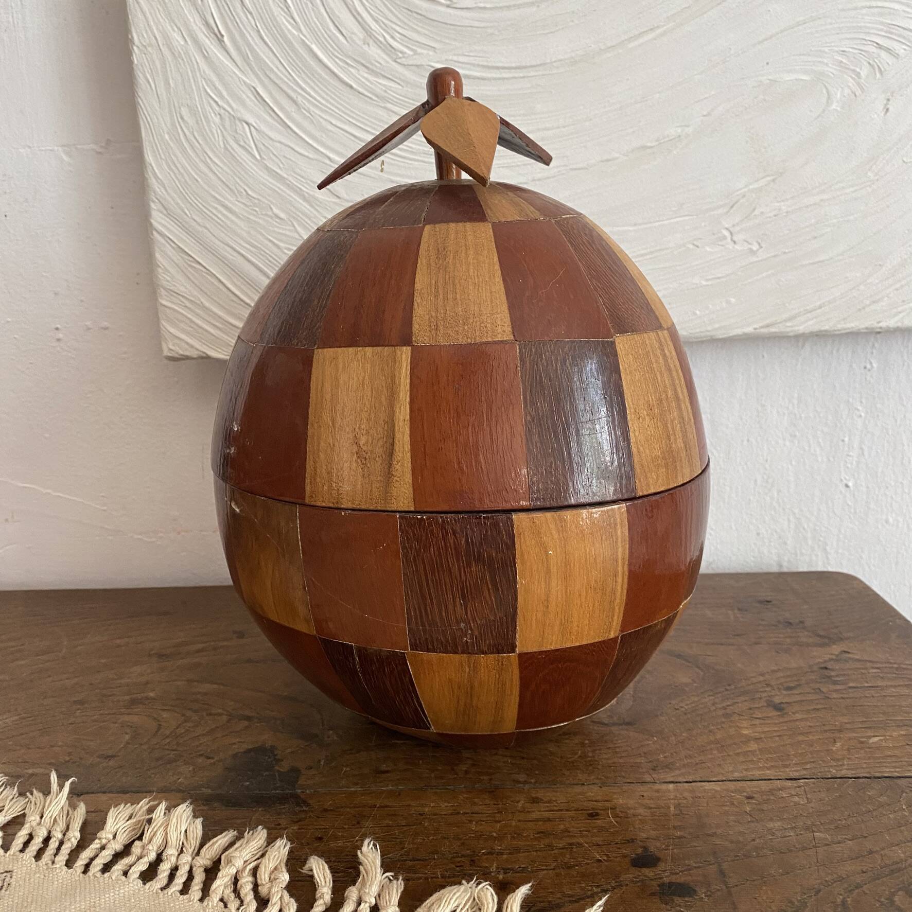Seau à glaçons vintage  en noix de coco marquetée