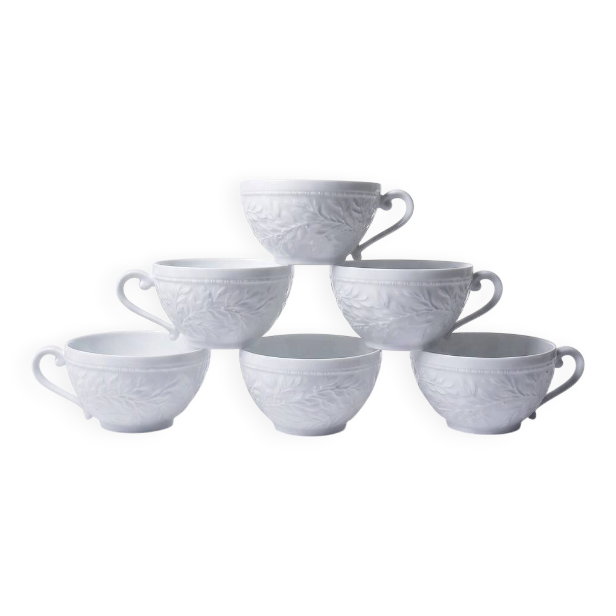 Set of 6 Bernardaud Limoges Louvre model white porcelain cups.