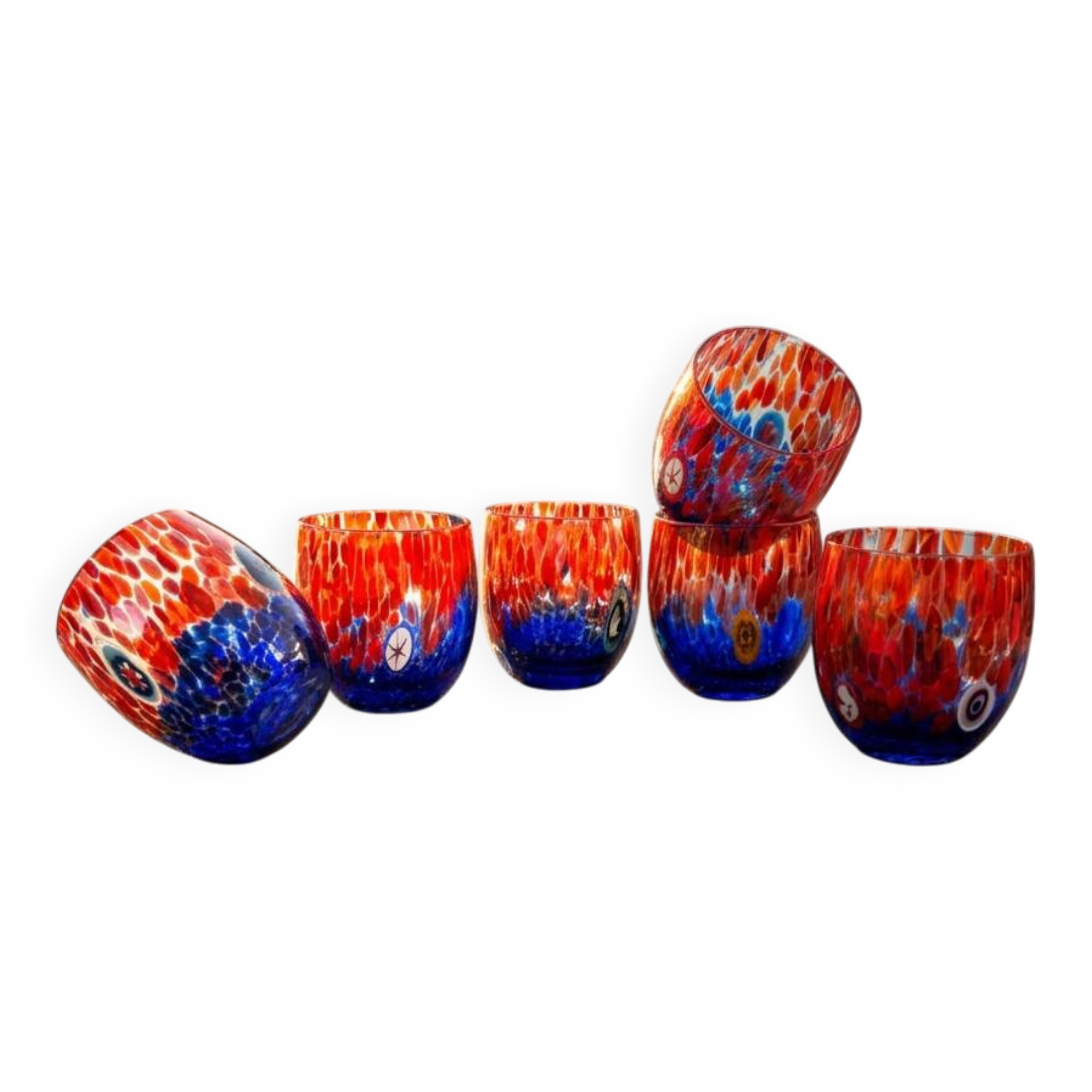 Set of 6 blown glass glasses with Effetre Murano murrine.