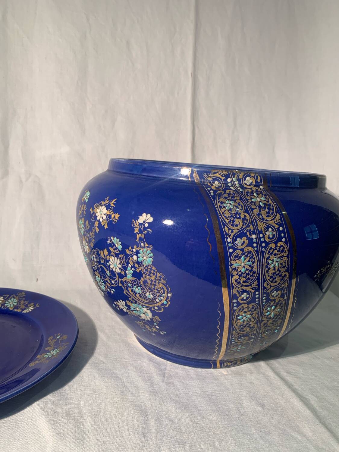 Antique blue flowerpot, ceramic, Art Nouveau earthenware circa 1900