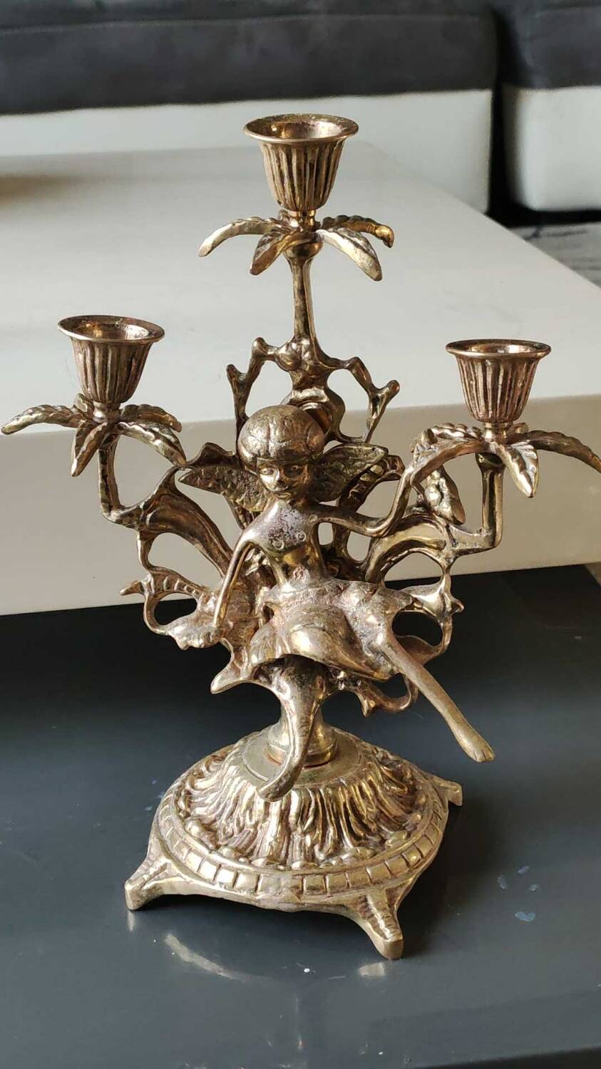 Pair of Antique 3-light candlesticks. Puttis/Cherubs. Bronze