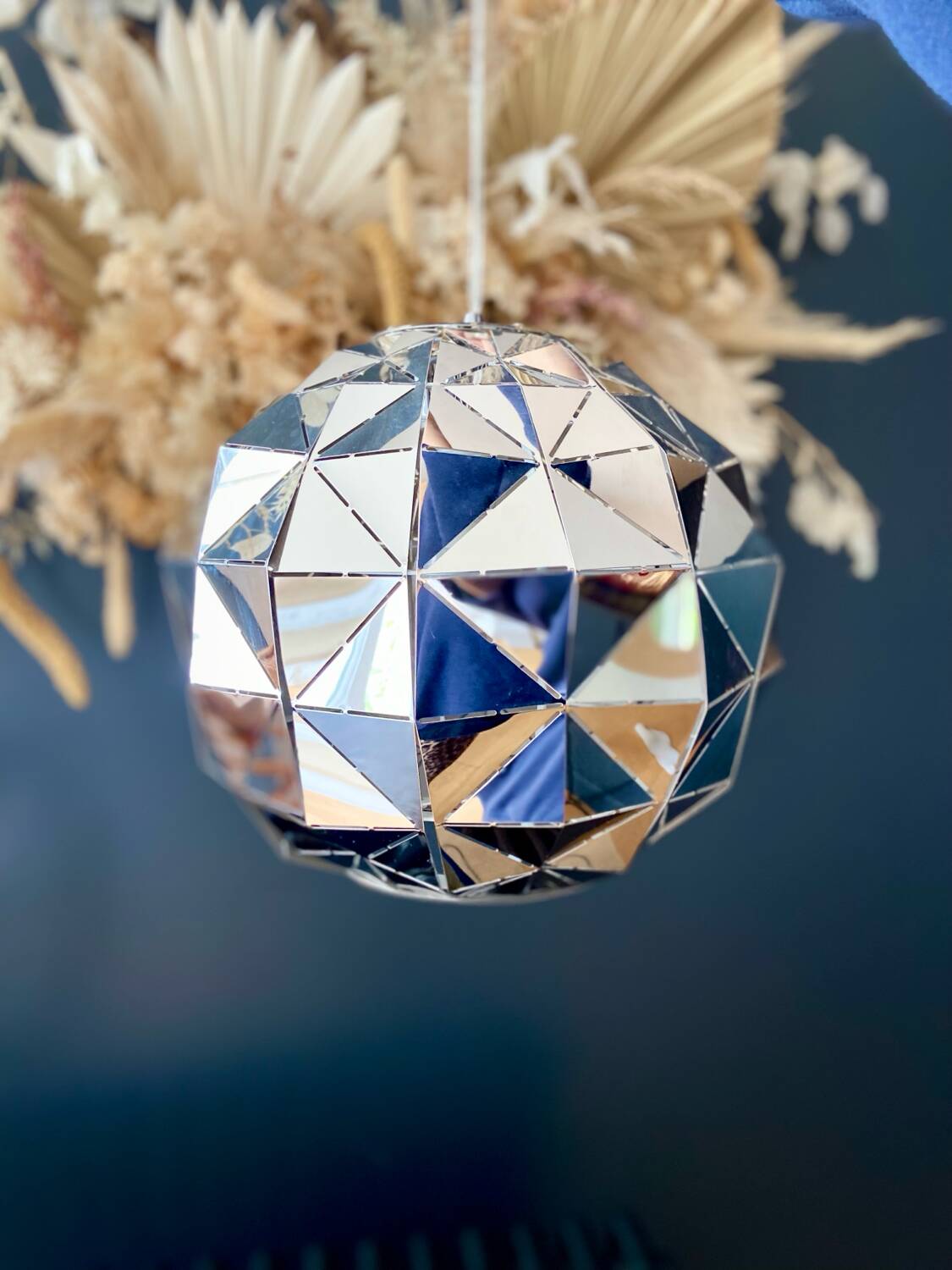 Silver-plated metal faceted ball pendant light - circa 1980