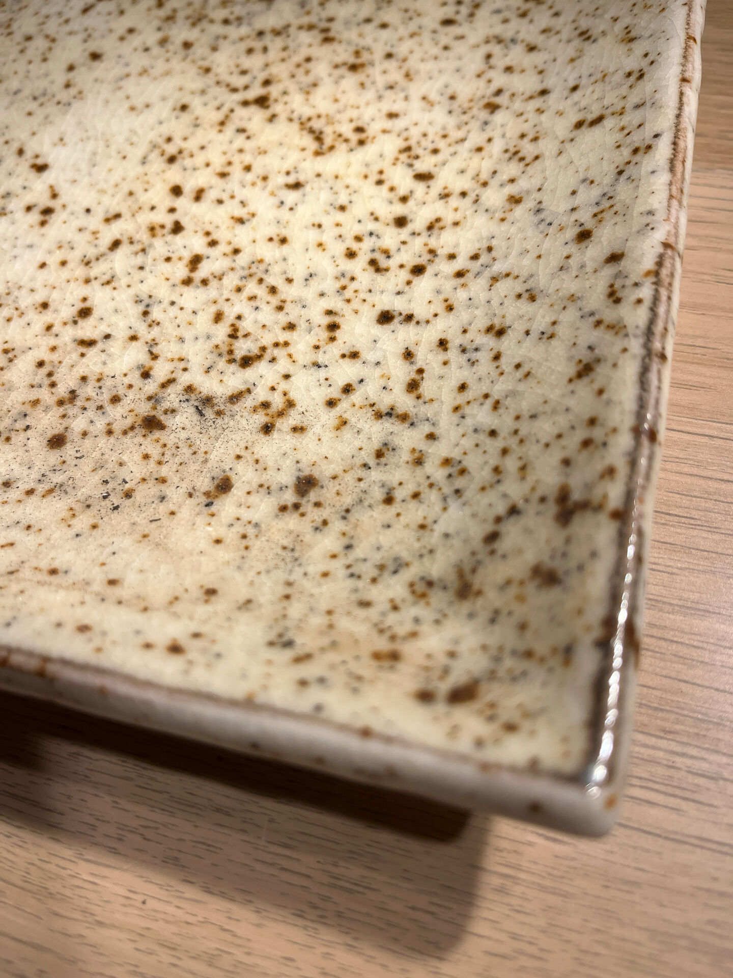 Vintage signed square ceramic plate – speckled cream enamel – 22