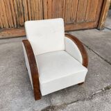 1920s Art Deco armchair in beige velvet and black wood — restored vintage chaise longue