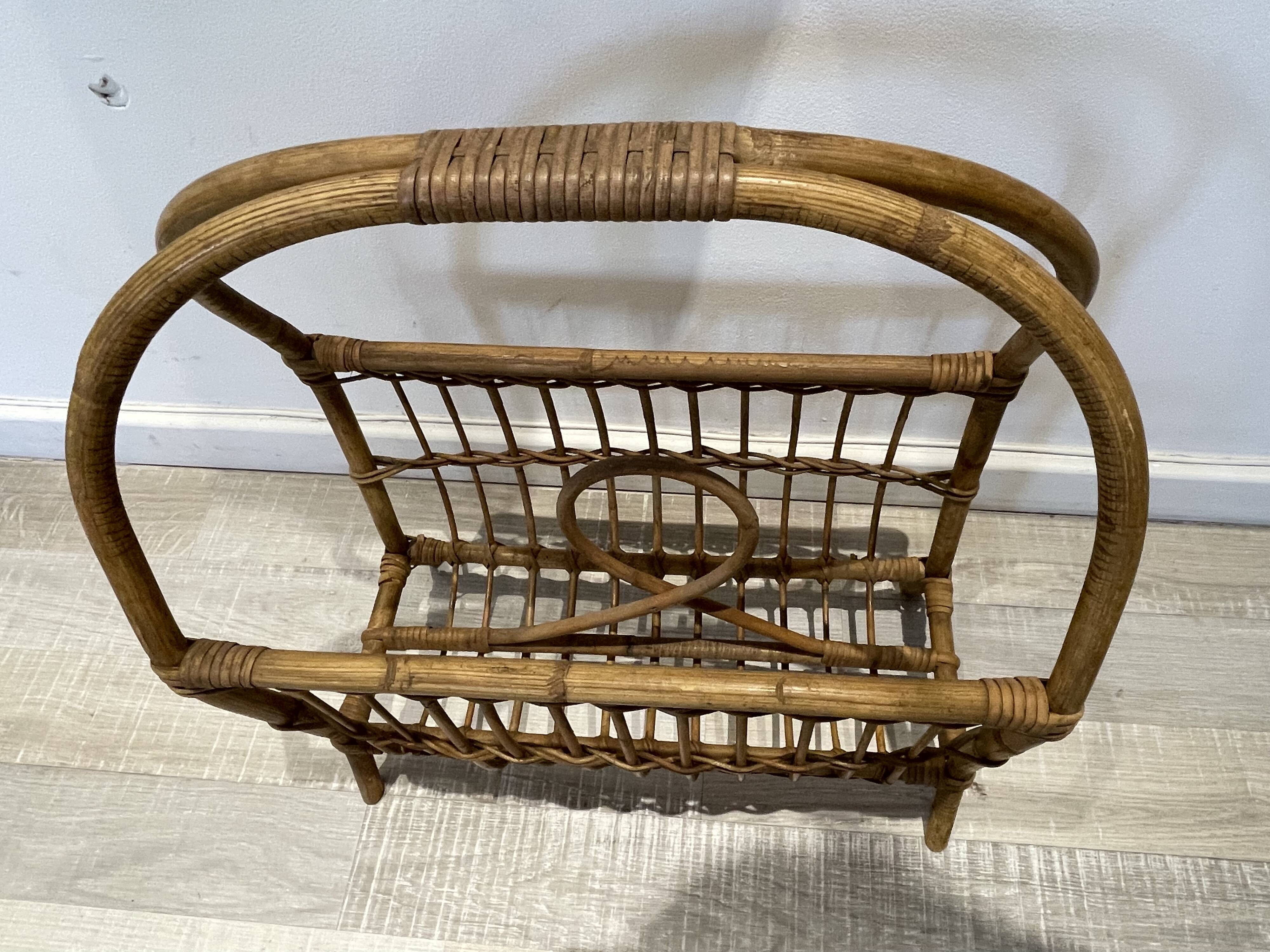 60s rattan magazine rack