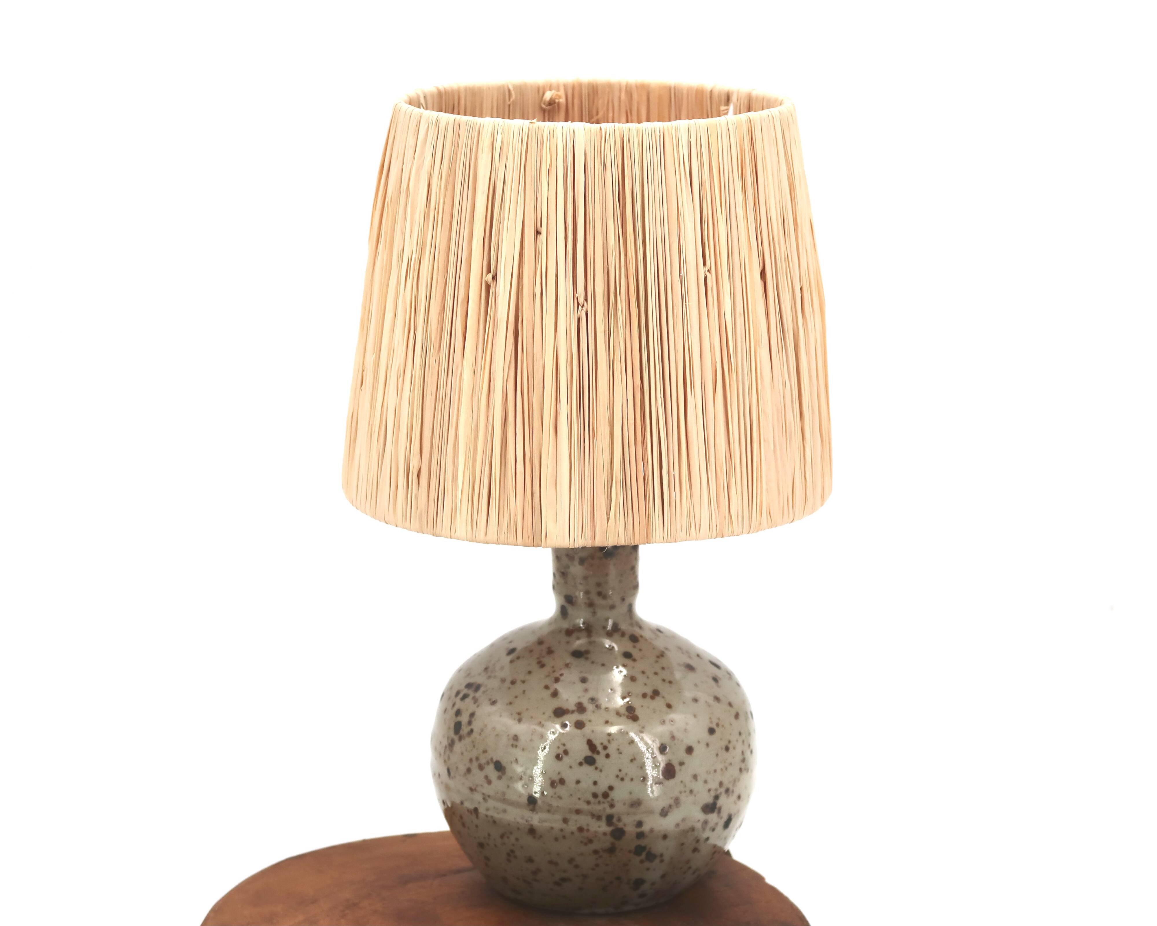 Guy Baudat stoneware ceramic ball lamp, raffia lampshade, 1970s