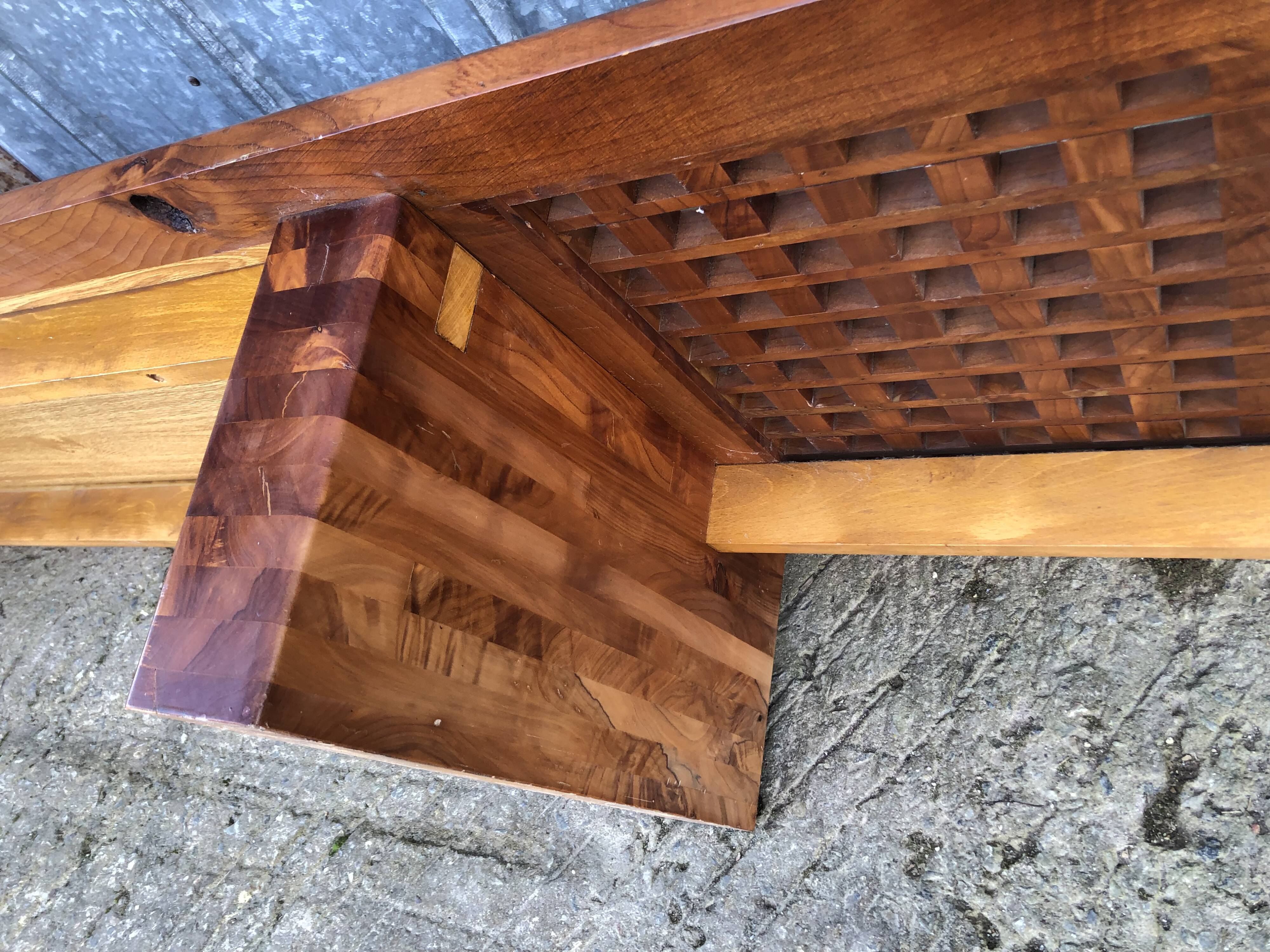 Vintage Yew Wood Bench with 3 Cushions