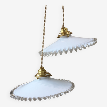 Pair of vintage white opaline pendant lamps and transparent serrated edges