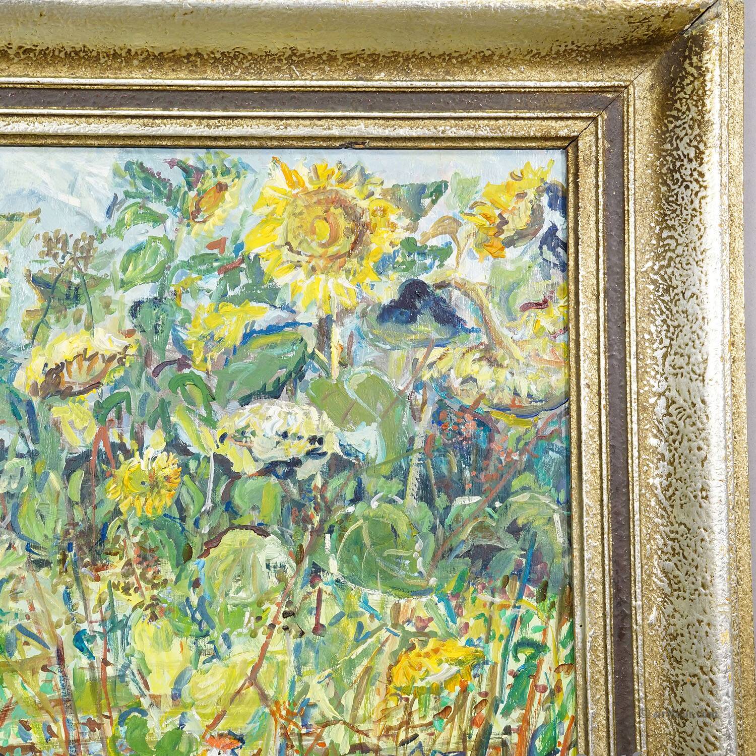 Sunflower field with chickens – original oil painting by Alexander Michael, 1990