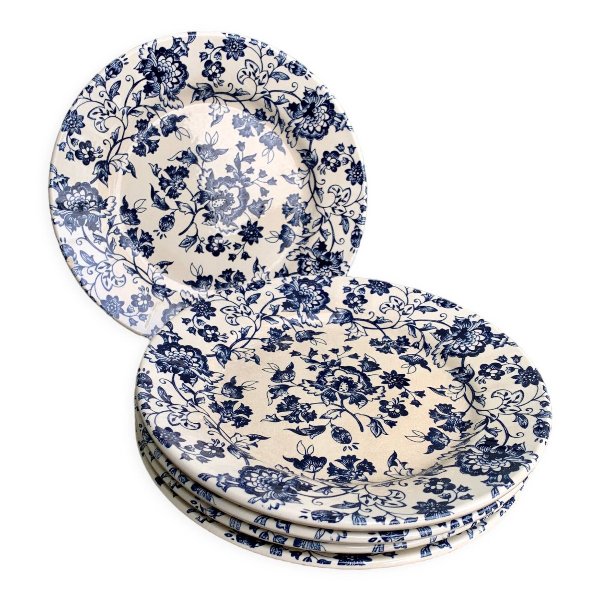 5 vintage plates with blue flowers