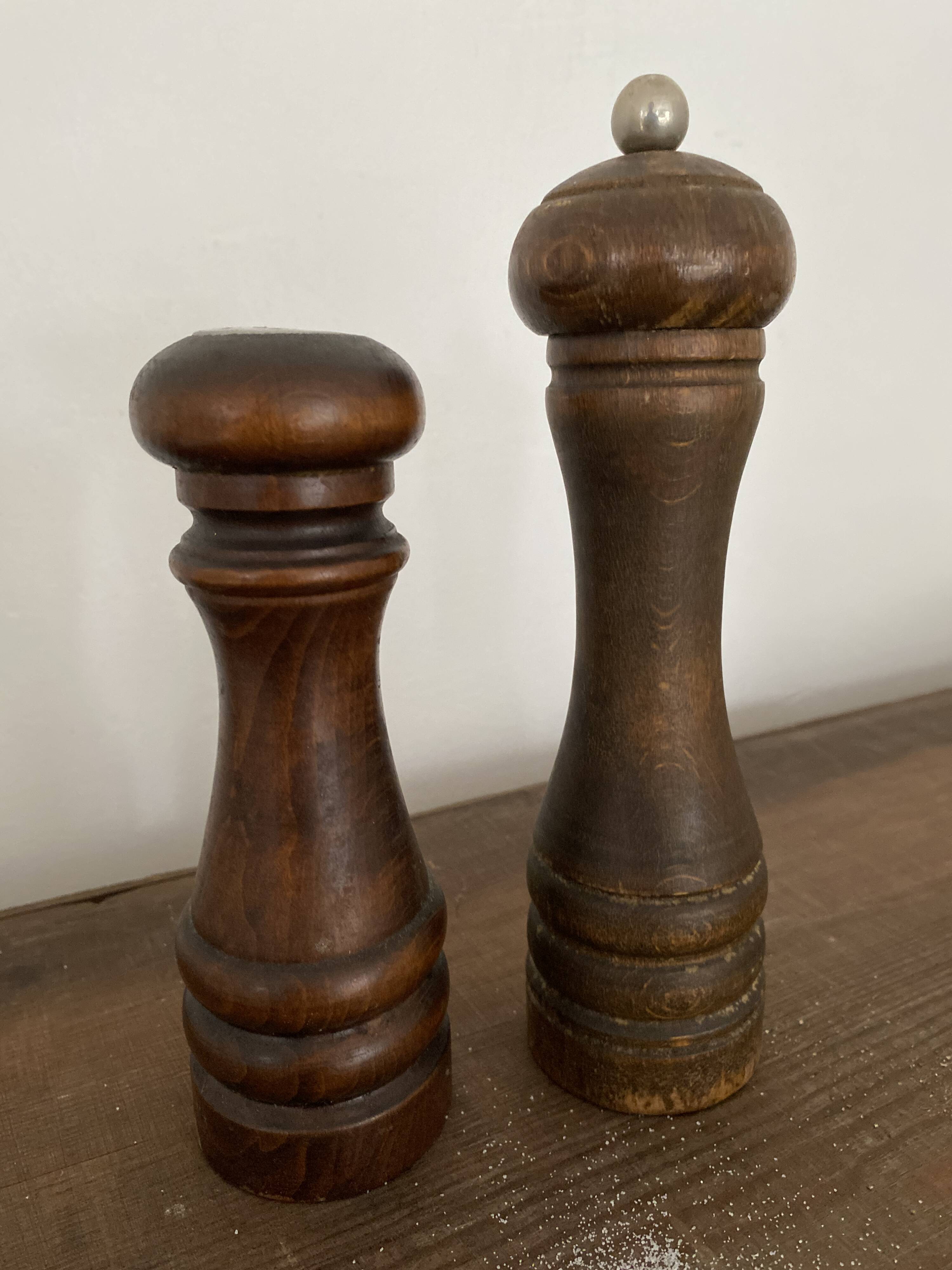 Vintage turned wooden pepper and salt mill