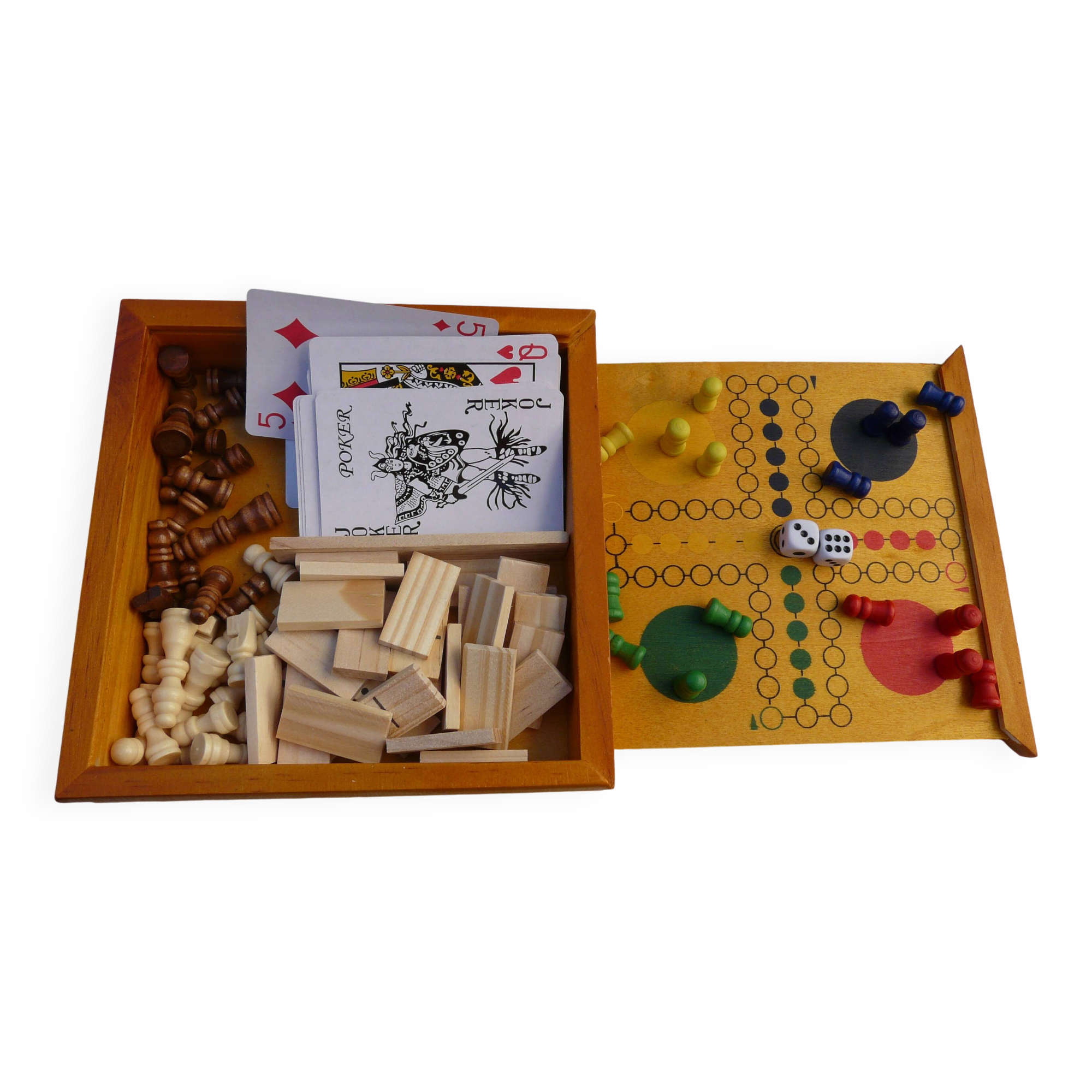 wooden games box: chess - little horses - dominoes - cards