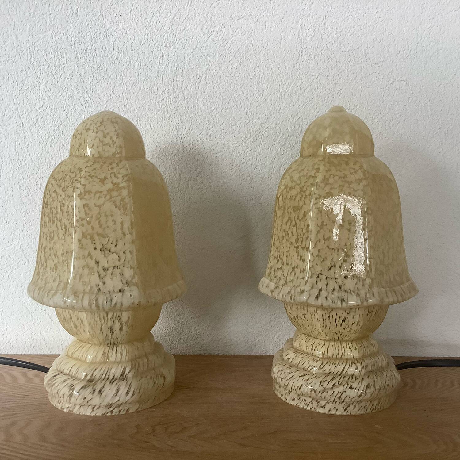 2 Art Deco Globe Lamps in Yellow Clichy Glass.