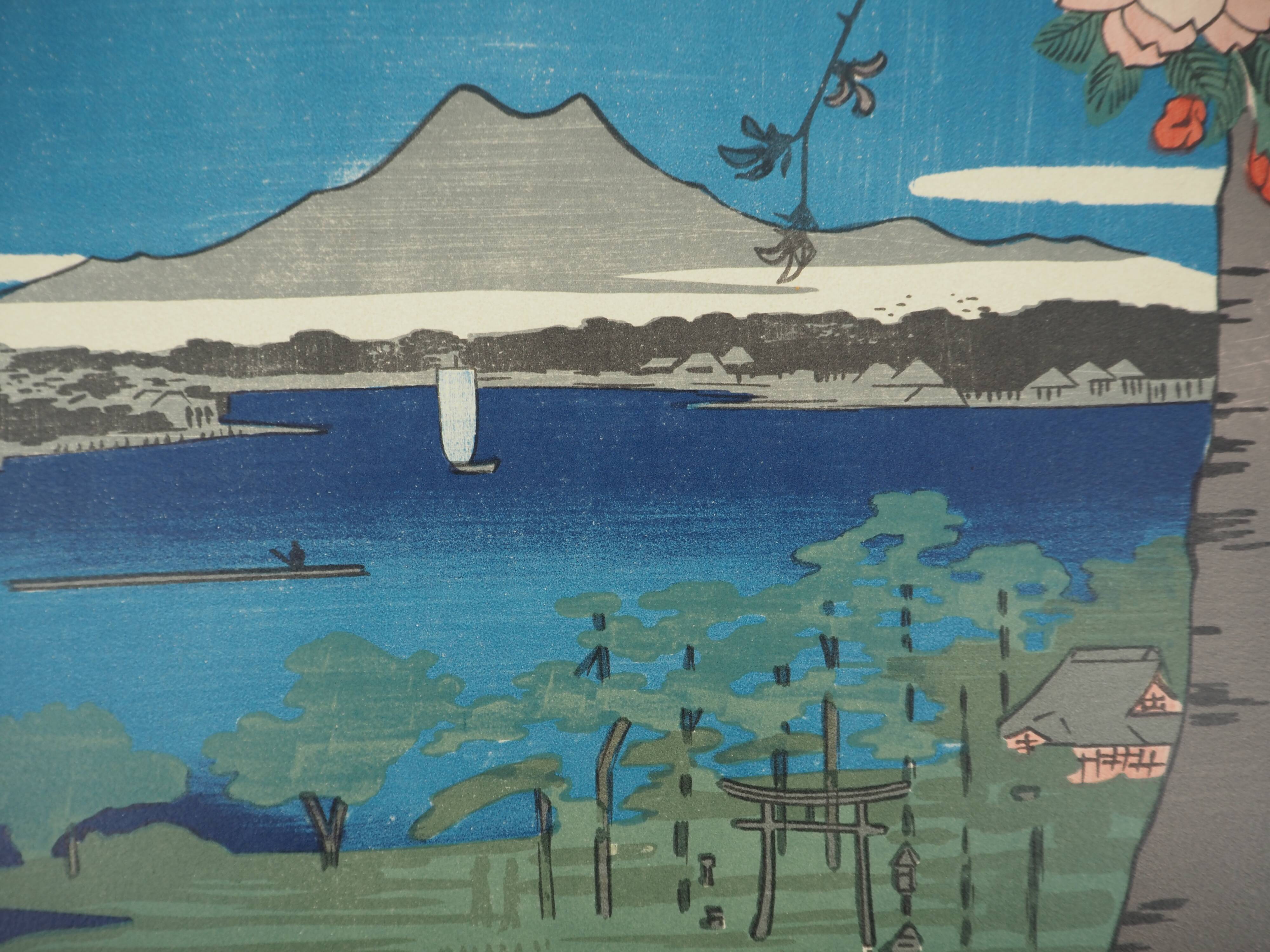 Utagawa Hiroshige: Japan, Suijin Shrine and Massaki on the Sumida River, signed lithograph.