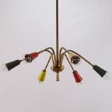 Vintage chandelier 1950, 6 arms, brass and colors, 60cm in diameter