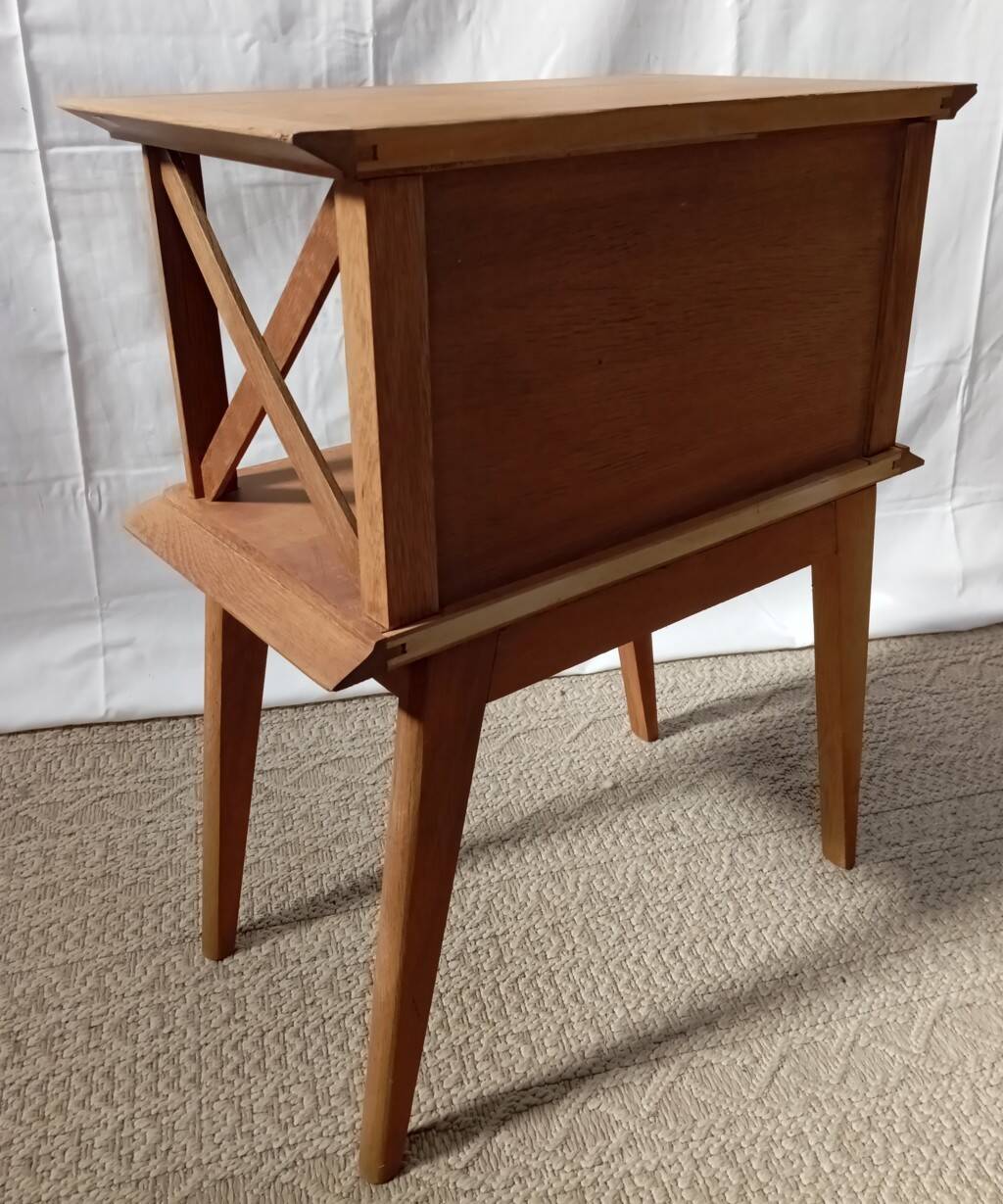 1950s oak bedside table with crossbars