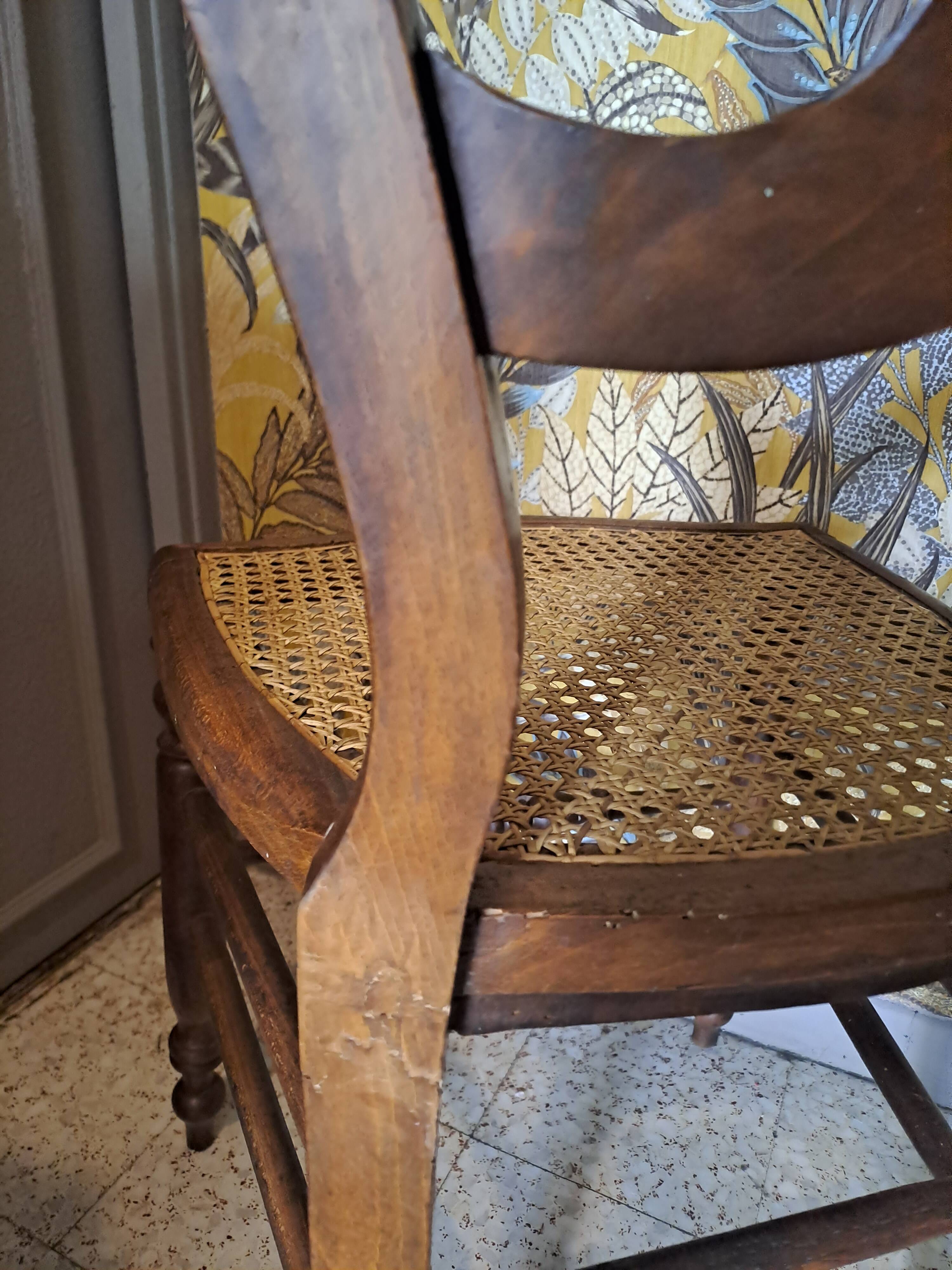 Pair of 1950s light wood bistro chairs with cane seats