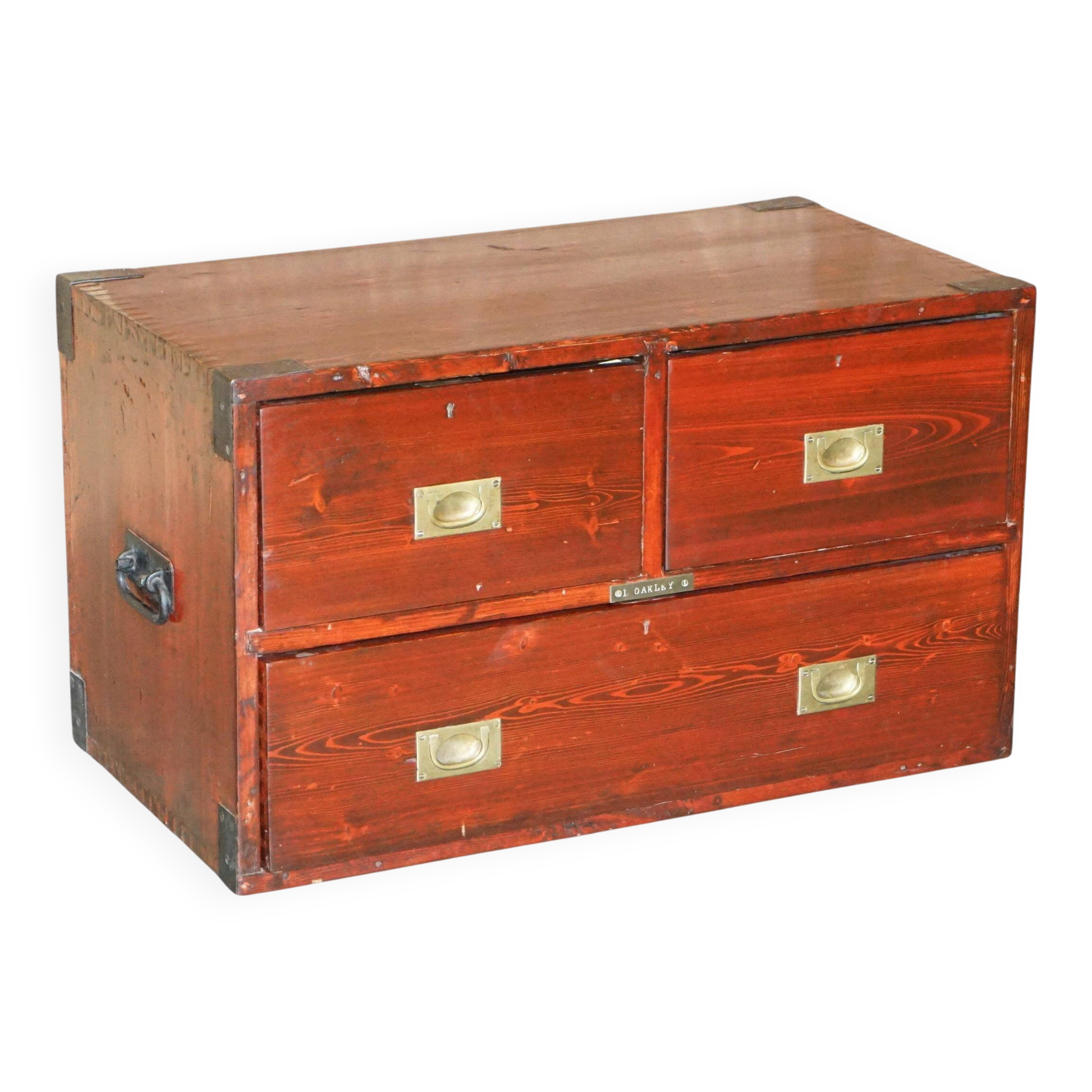 Antique Victorian military commode in Oregon pine with nameplate.