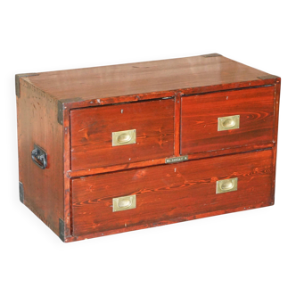 Antique Victorian military commode in Oregon pine with nameplate.