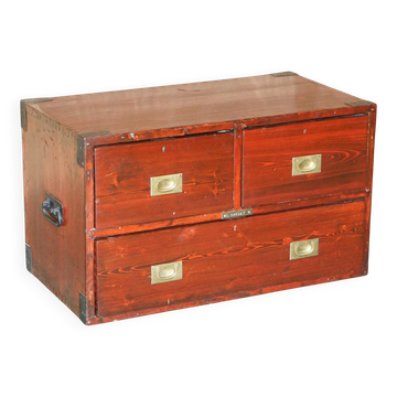 Antique Victorian military commode in Oregon pine with nameplate.