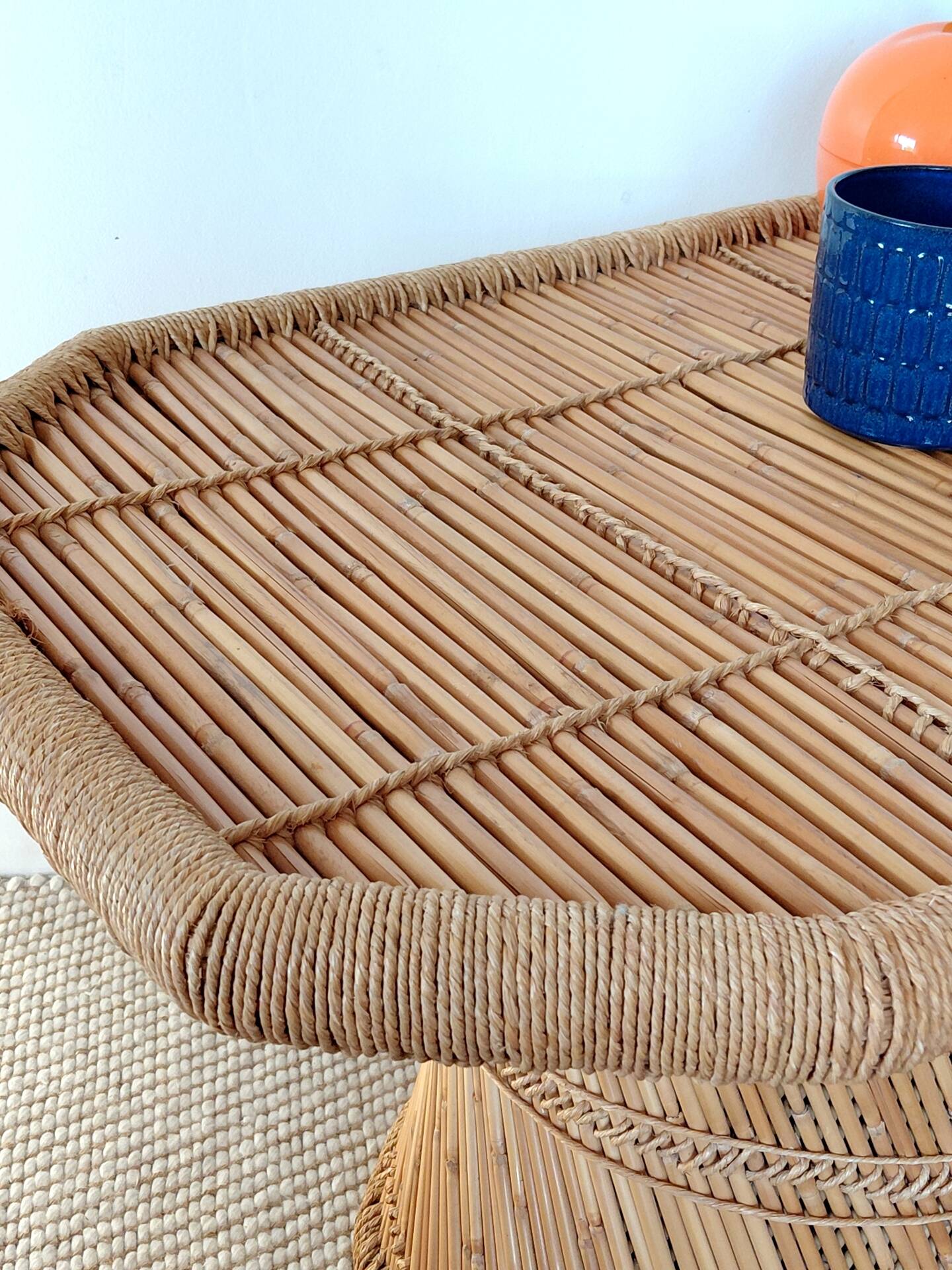 Vintage coffee table with braided cord in Audoux Minet bamboo style/1970s