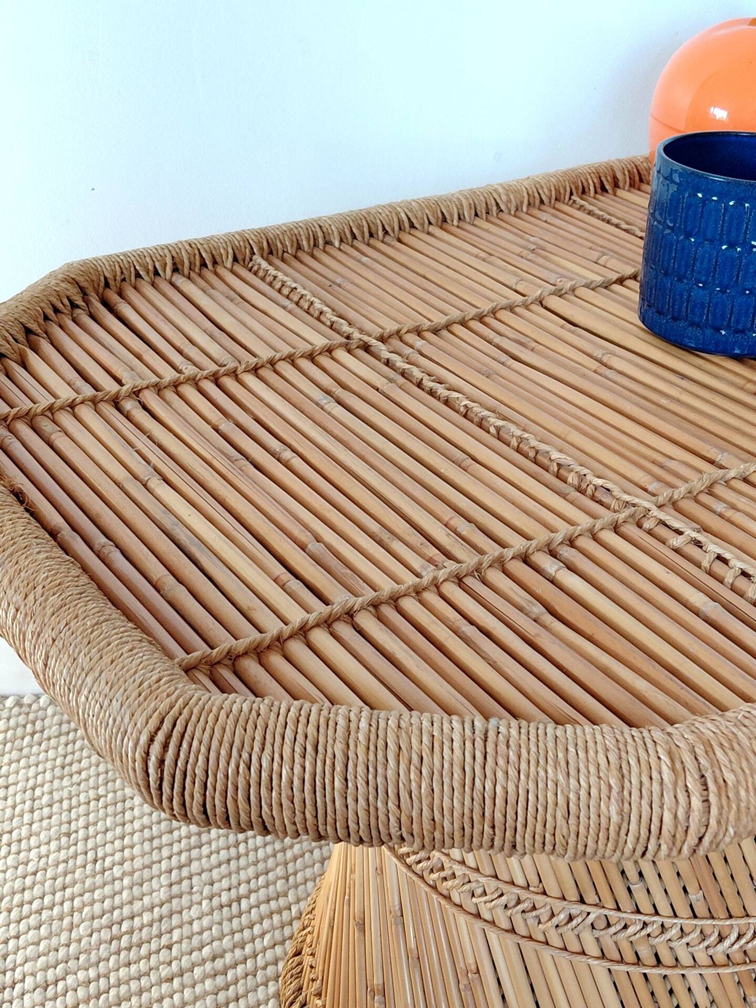 Vintage coffee table with woven rope in bamboo style Audoux Minet/1970s