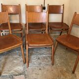 Set of 6 vintage wooden stackable chairs compass legs Germany 1960's