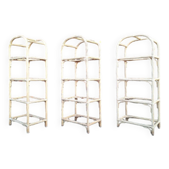 3 vintage rattan shelving units, old bookcases