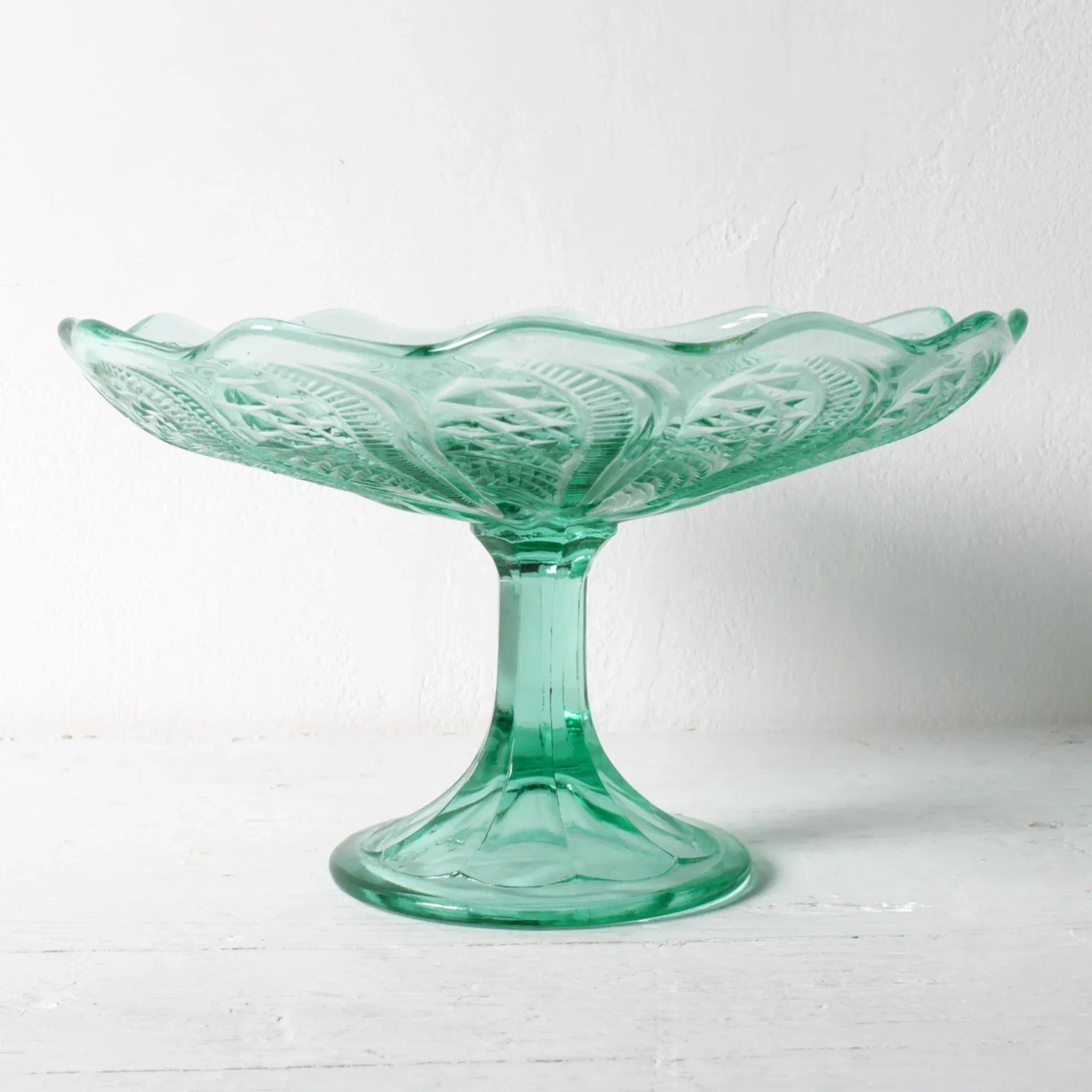 Pressed Glass Pedestal Bowl / Vintage Georgia Green Fruit Bowl / Ukraine /