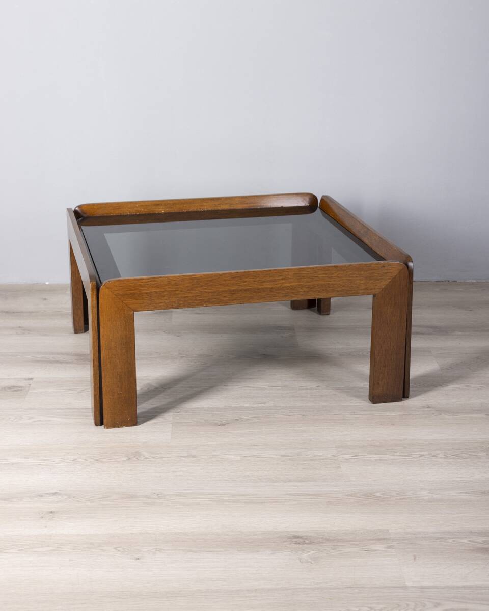Vintage 1970s wood and glass coffee table designed by Afra and Tobia Scarpa
