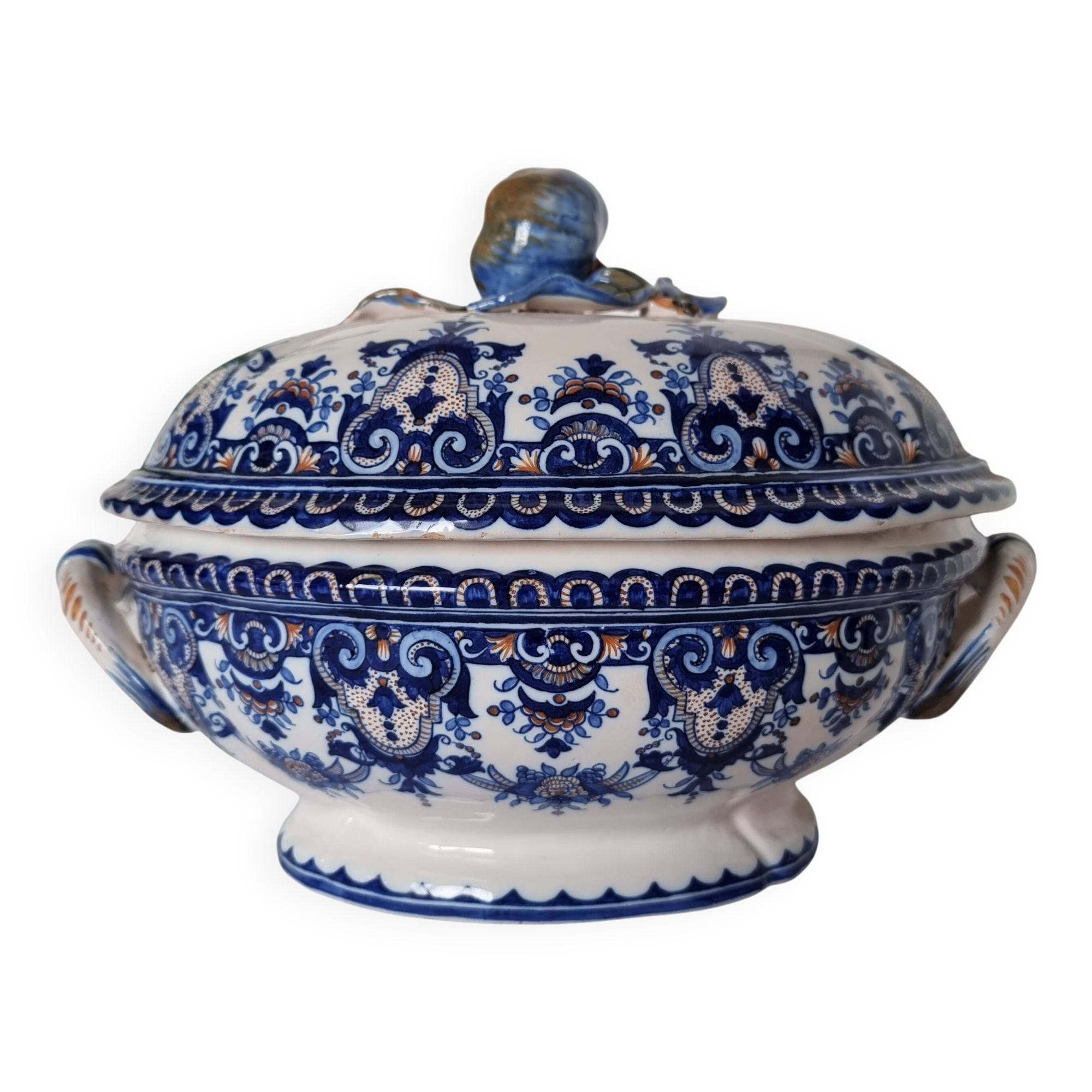 Antique earthenware tureen by Émile Tessier (1887-1971), Malicorne, France