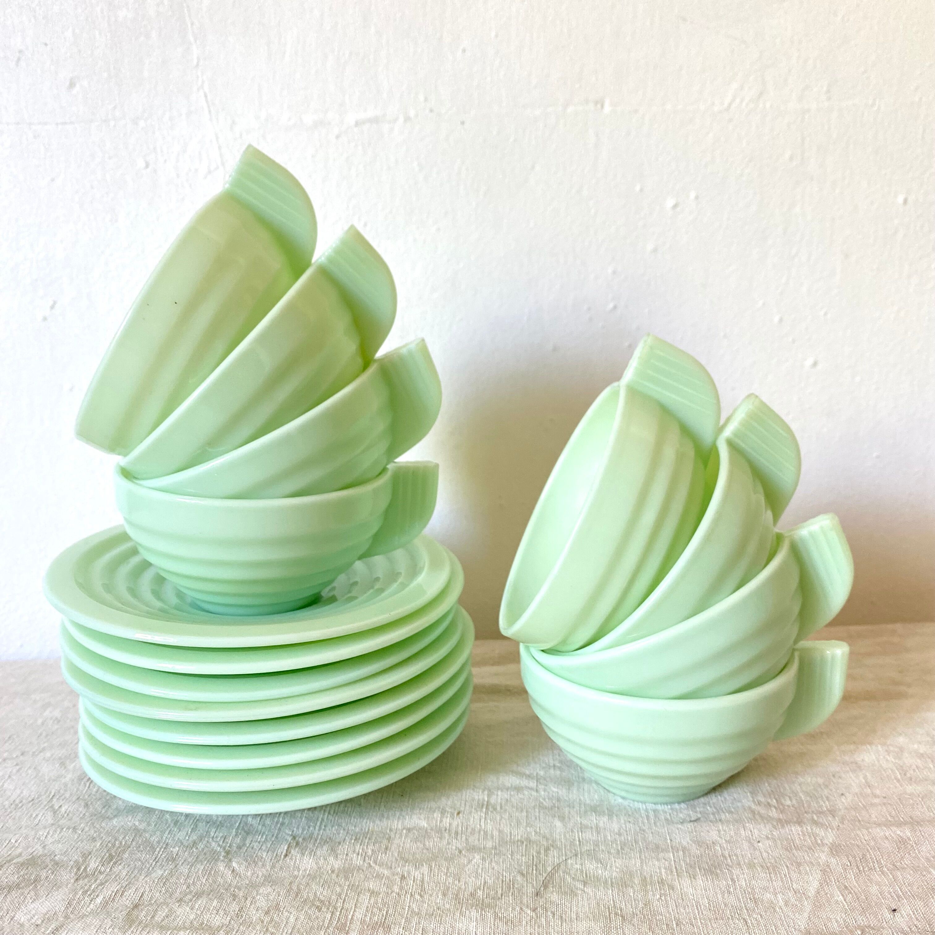 Art Deco cups in green opaline