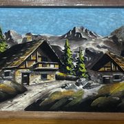 Tableau Alpin Vintage Sculpté et Peint - 23 / 32 cm