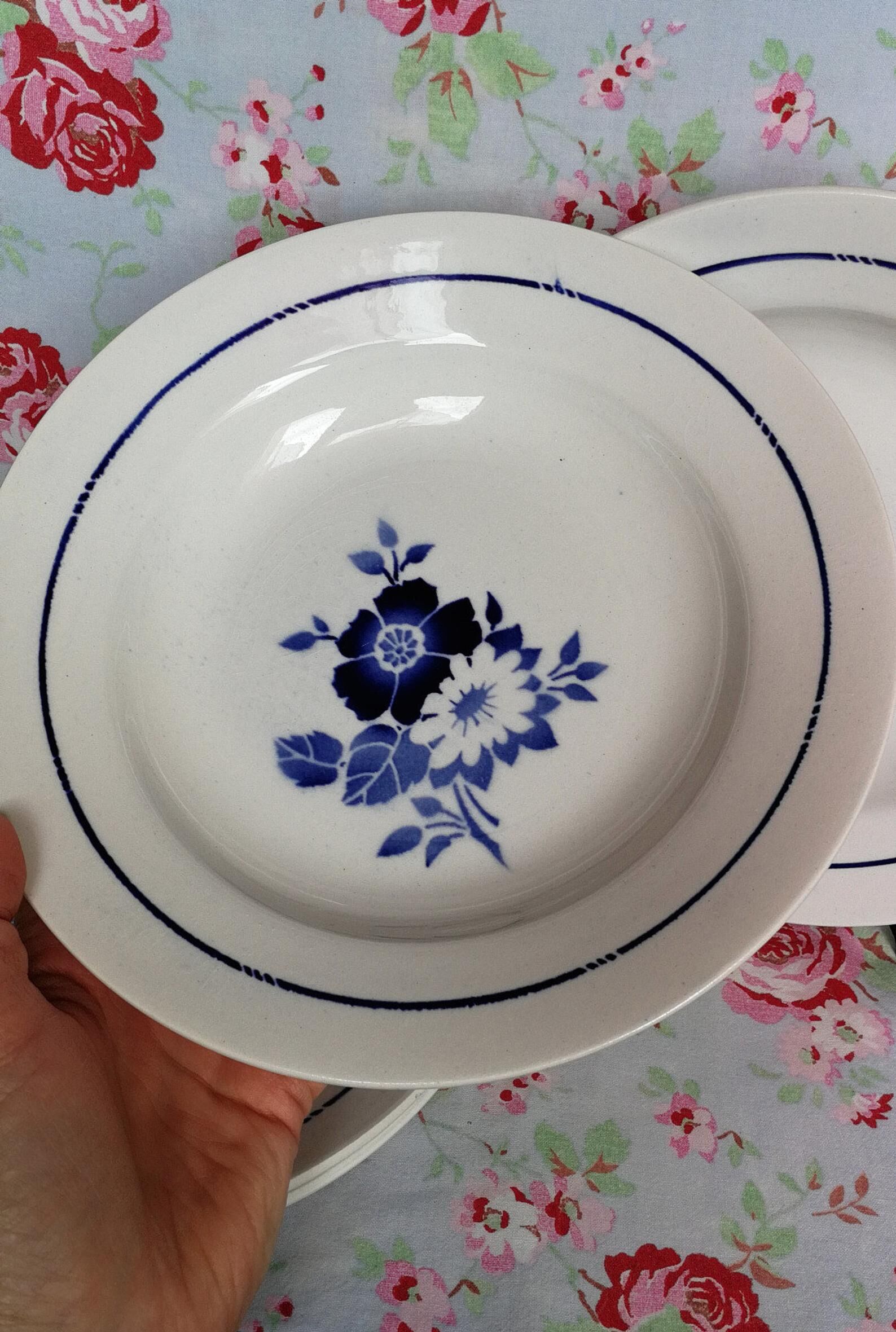 6 old blue flowers with stencil hollow plates