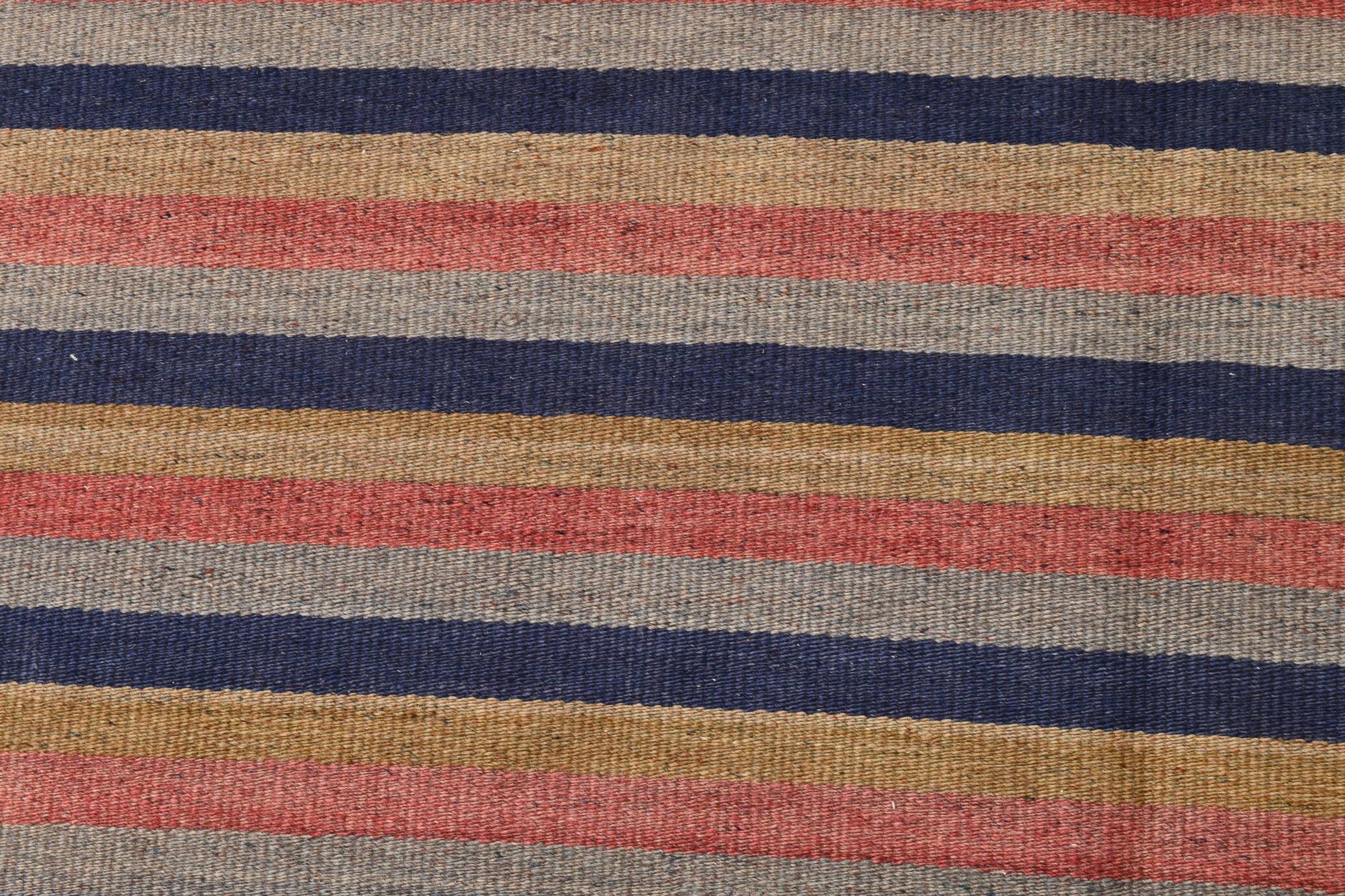 Navy Blue & Terracotta Hand Woven Turkish Striped Kilim Rug, 147x217 Cm