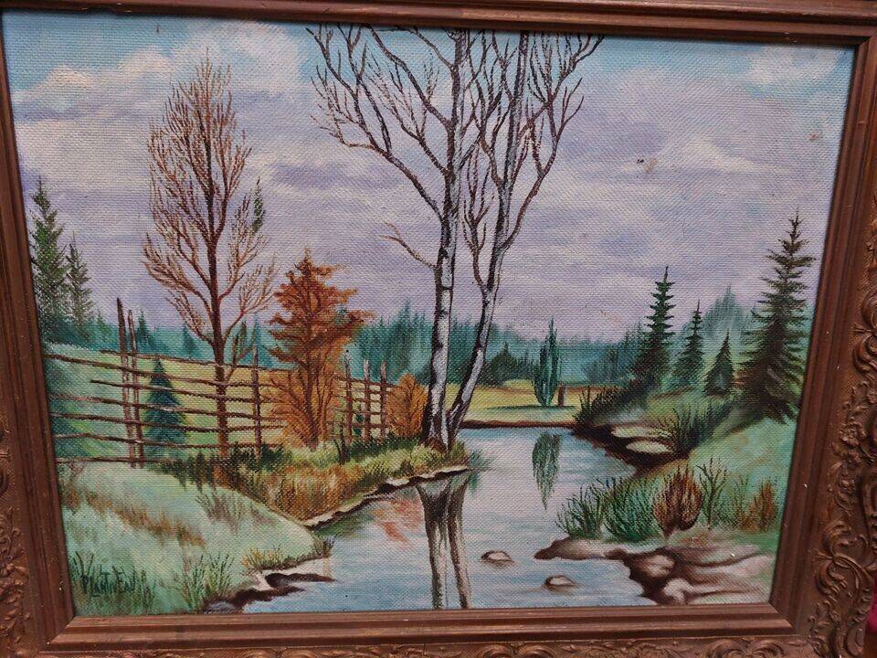 Oil on mounted panel lake landscape
