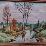 Oil on mounted panel lake landscape