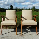 Pair of Scandinavian vintage armchairs in blond wood