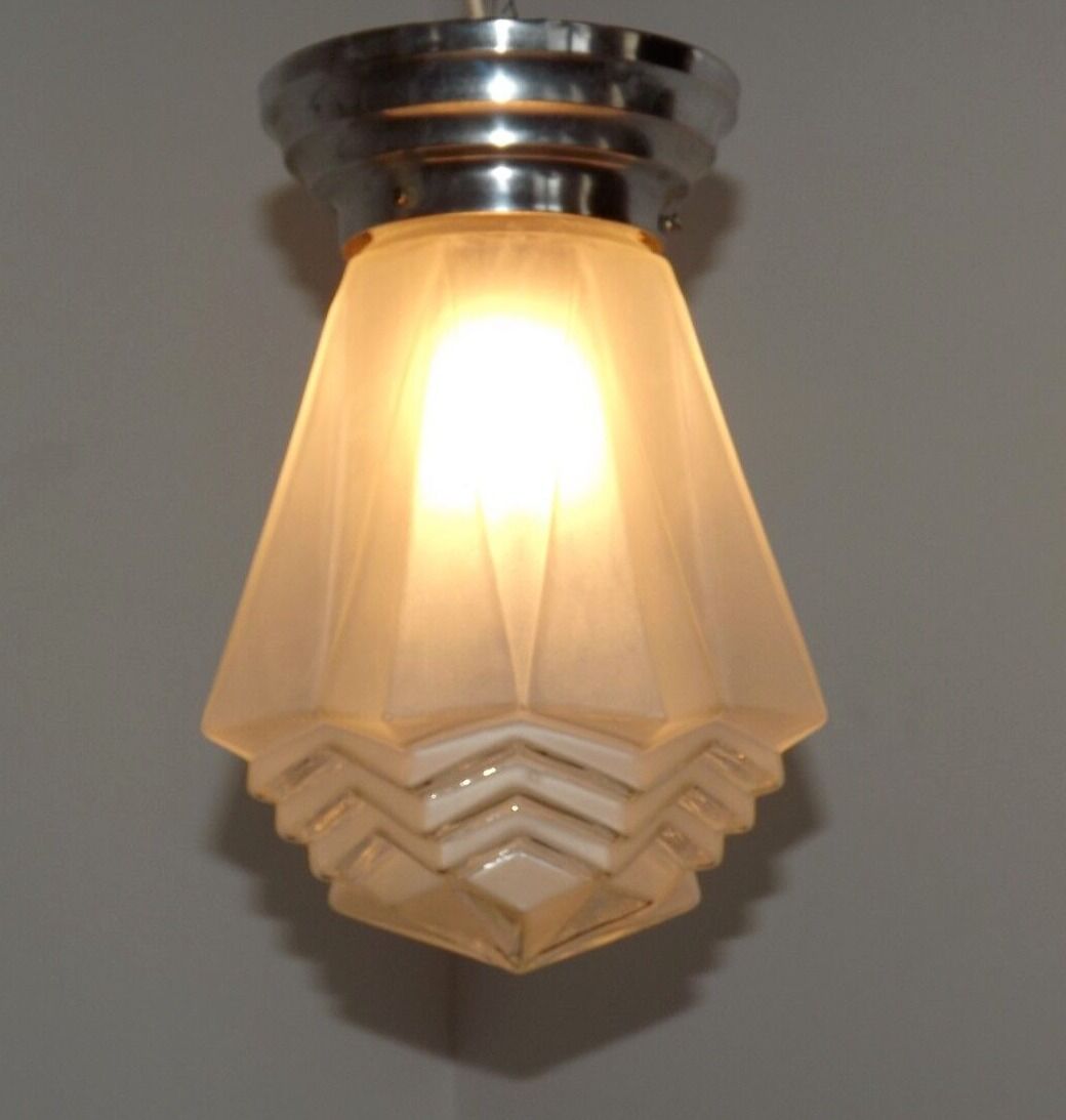 French 1920's-1940's art deco milk glass skyscraper tiered light fixture 3995