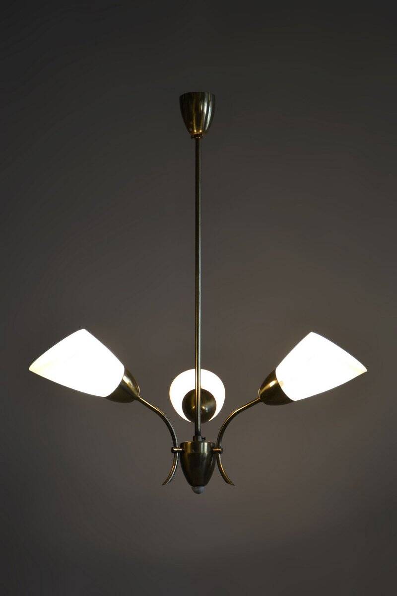 Mid-Century Chandelier in Brass and Frosted Glass, Czech, 1950s