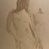 Tableau signé, aquarelle monochrome portait féminin « devant le chevalet »
