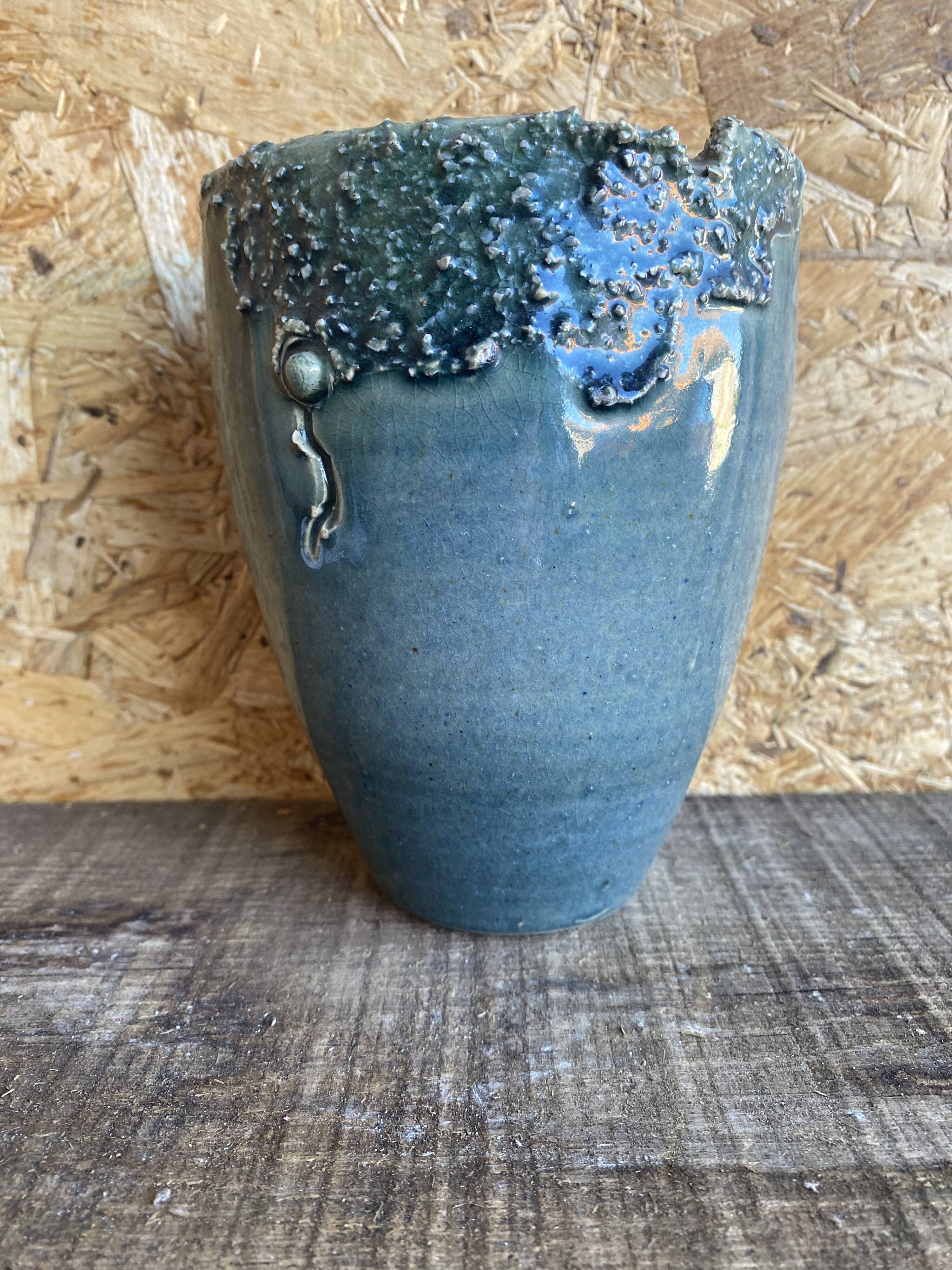 Ancient Vase JACKY COVILLE Glazed Stoneware Blue Vintage #D987