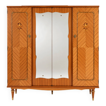 Armoire vintage années 70 à marqueterie florale, miroirs, détails doré