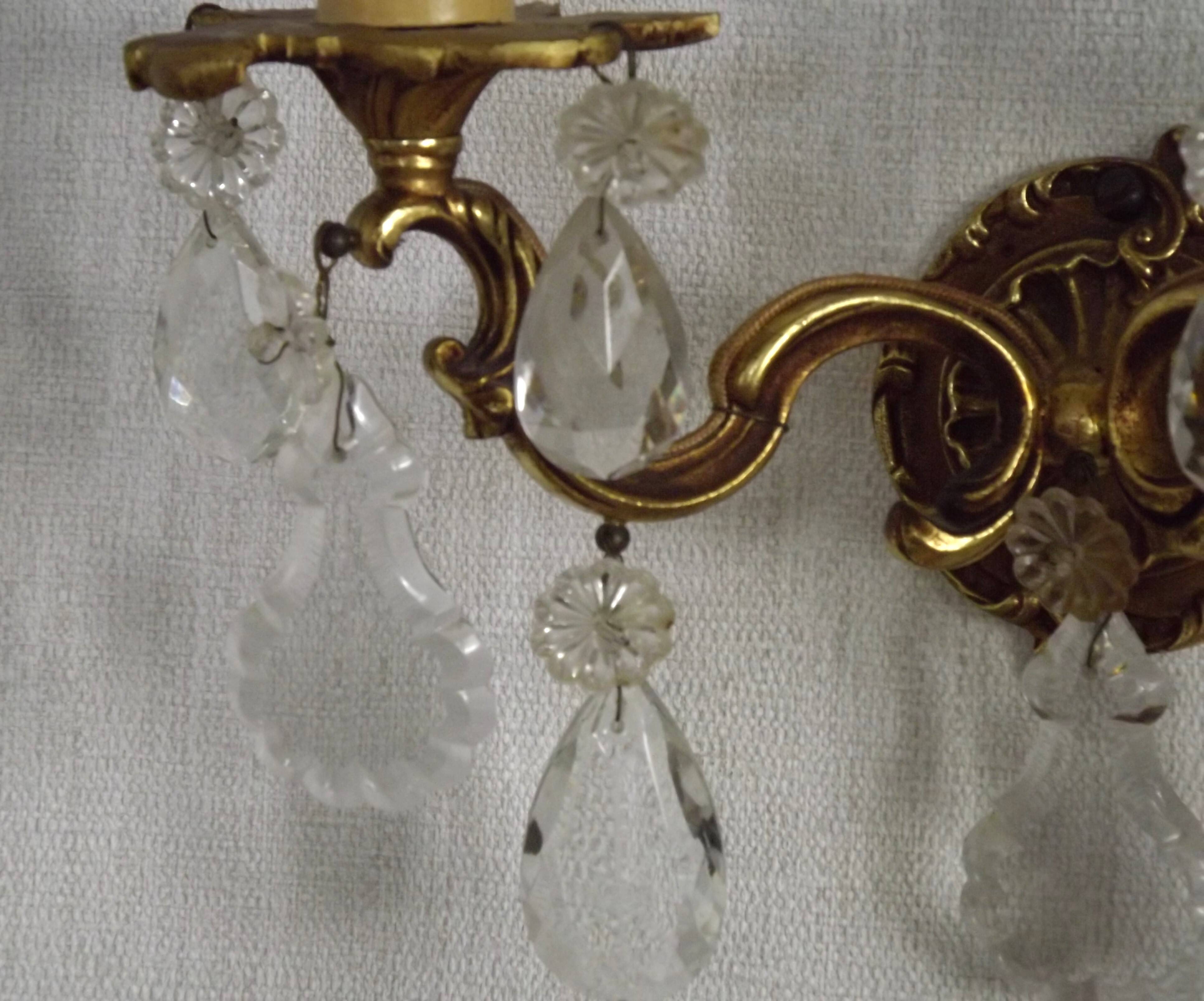 Pair of French Vintage Double Bronze Crystal Wall Lights with Acanthus Detail