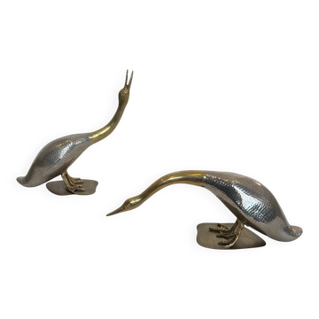Suite de 2 canards en métal argenté et laiton