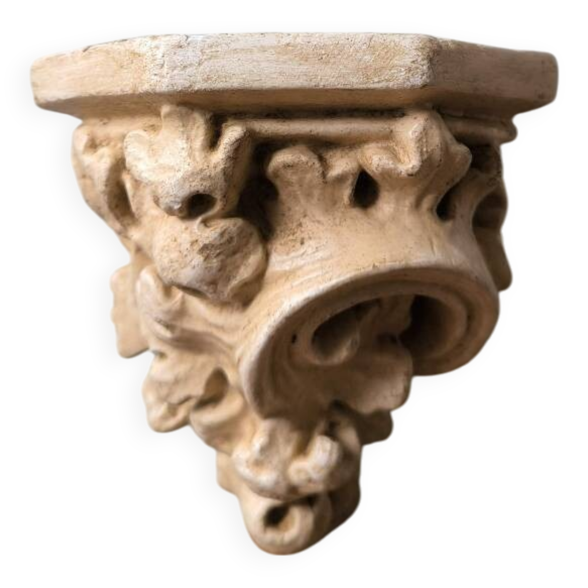 Small wall console shelf in vintage patinated plaster with baroque foliage