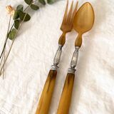 Old salad servers in horn and silver metal