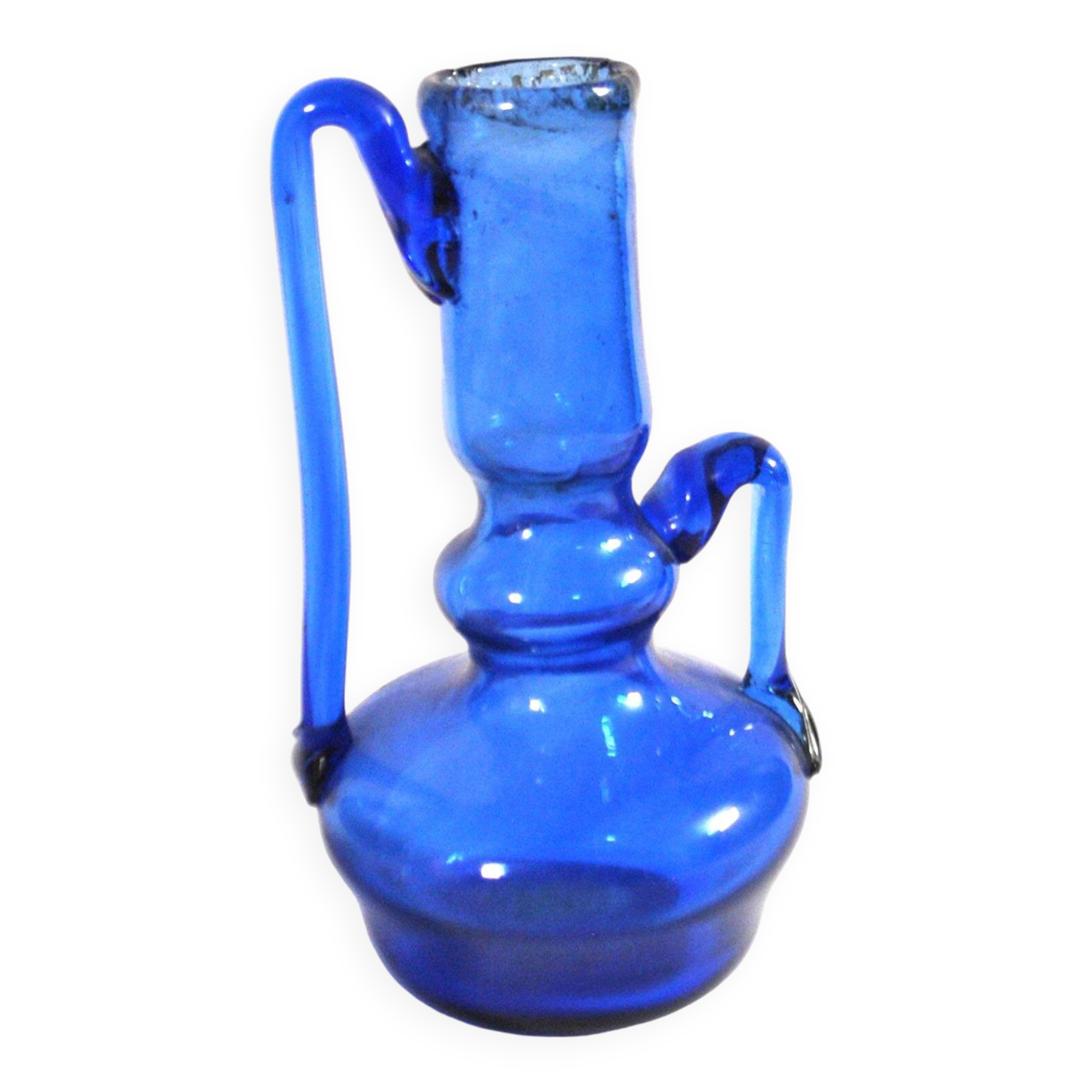 Miniature soliflore vase, antique blown glass in blue, craftsmanship from 1900.
