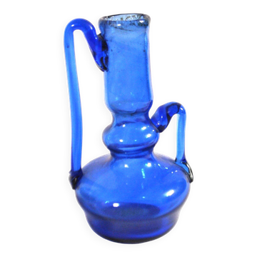 Vase soliflore flacon miniature ancien en verre soufflé bleu artisanat 1900