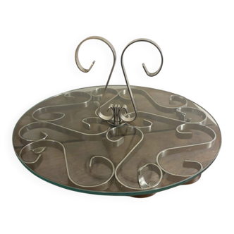 Beautiful cheese platter in glass and stainless steel with arabesques.
